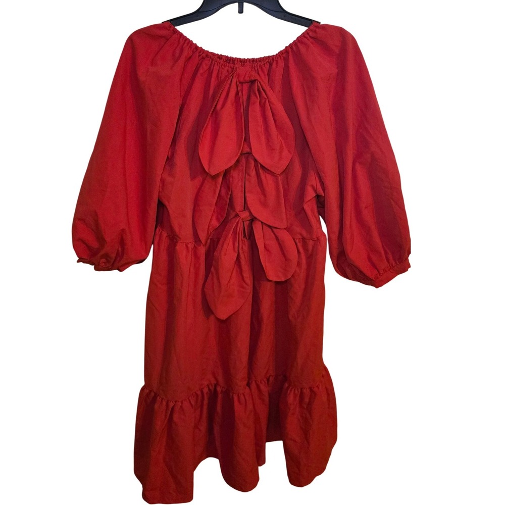Nwt Mulla Red Balloon Sleeve Tiered Ruffle Bow Back Dress Women's Size Large $74